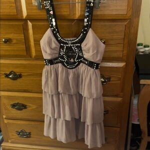 Elegant LIPSY LONDON Mauve Tiered Dress with Black Beaded Neckline